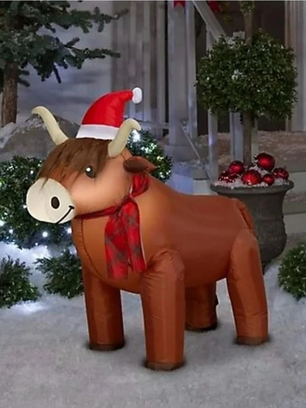 Inflatable Brown Highland Cow Holiday Decoration with Santa Hat